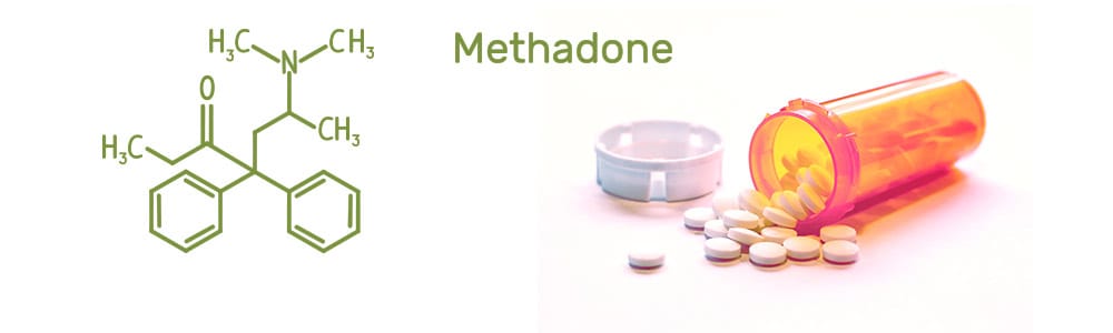 What is Methadone molecular structure of methadone and bottle of methadone pills spilling on flat surface