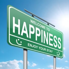 a green road sign that states welcome to happiness enjoy your stay decorated with smiley faces